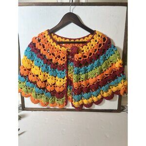 Vintage Rainbow Handmade Crocheted Knit Shawl Blanket Cape Poncho Grandma